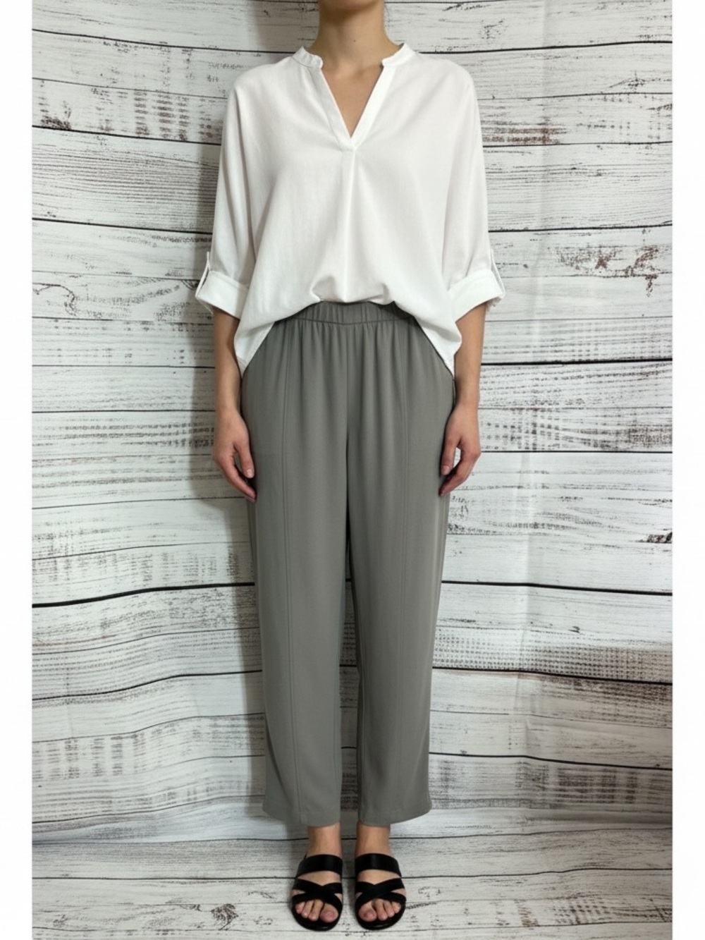 Eileen Fisher Silk Georgette Gray Zinc Relaxed Leg Pull-On Pants Large EUC